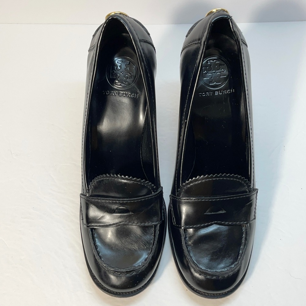 Tory Burch Womens Heeled Loafer Pumps 8.5M Black Leather Logo Block Heel Preppy - Picture 3 of 11